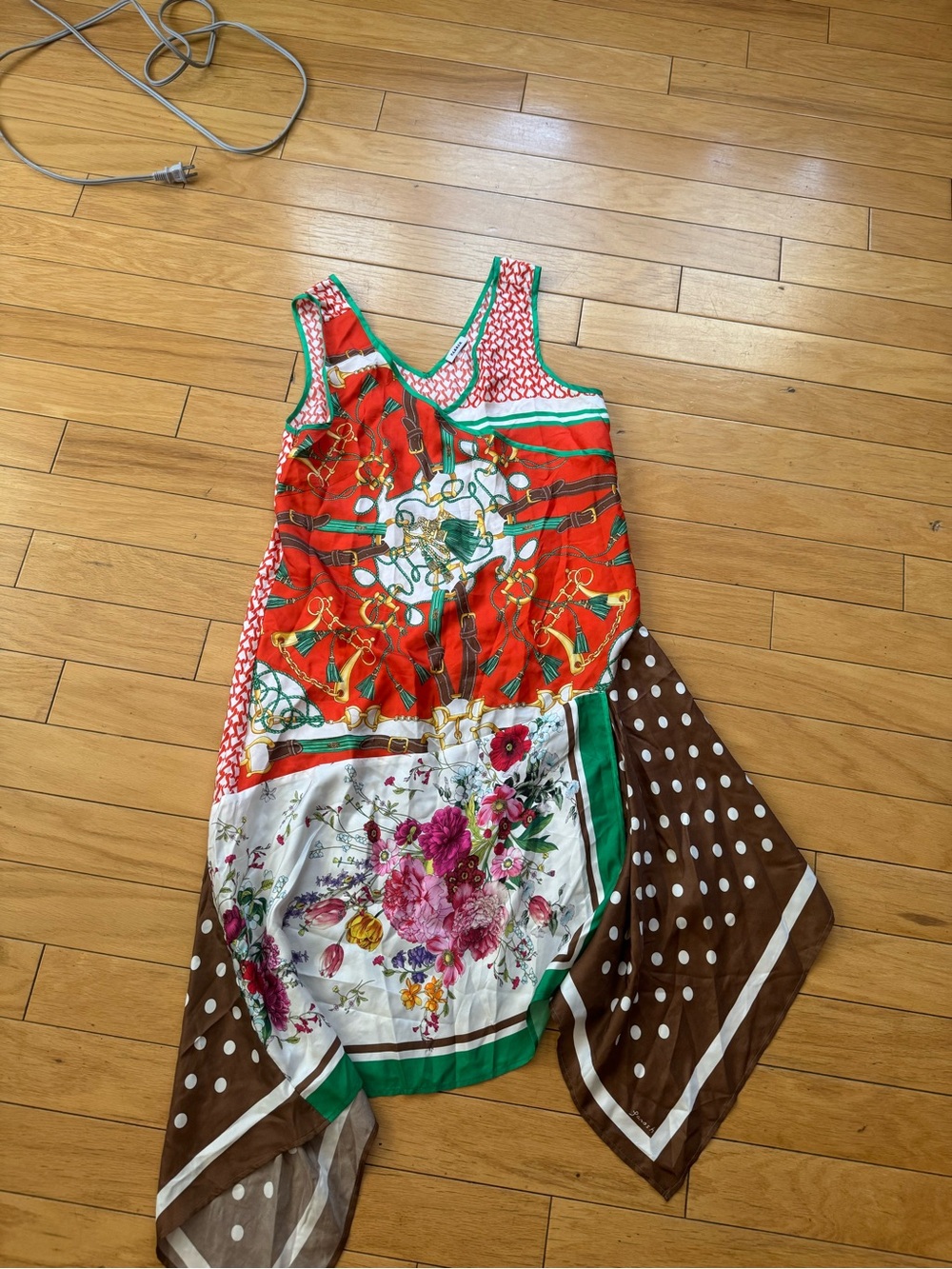 Vibrant Mixed-Print Sleeveless Scarf Hem Dress - Red, Green, Brown Parosh